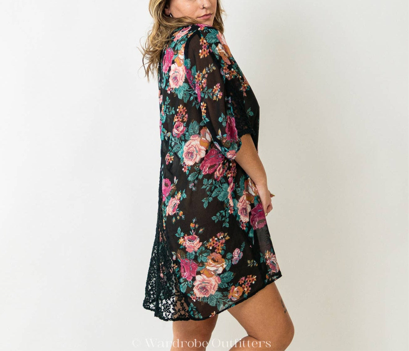 Black x Floral & Lace Robe Lingerie