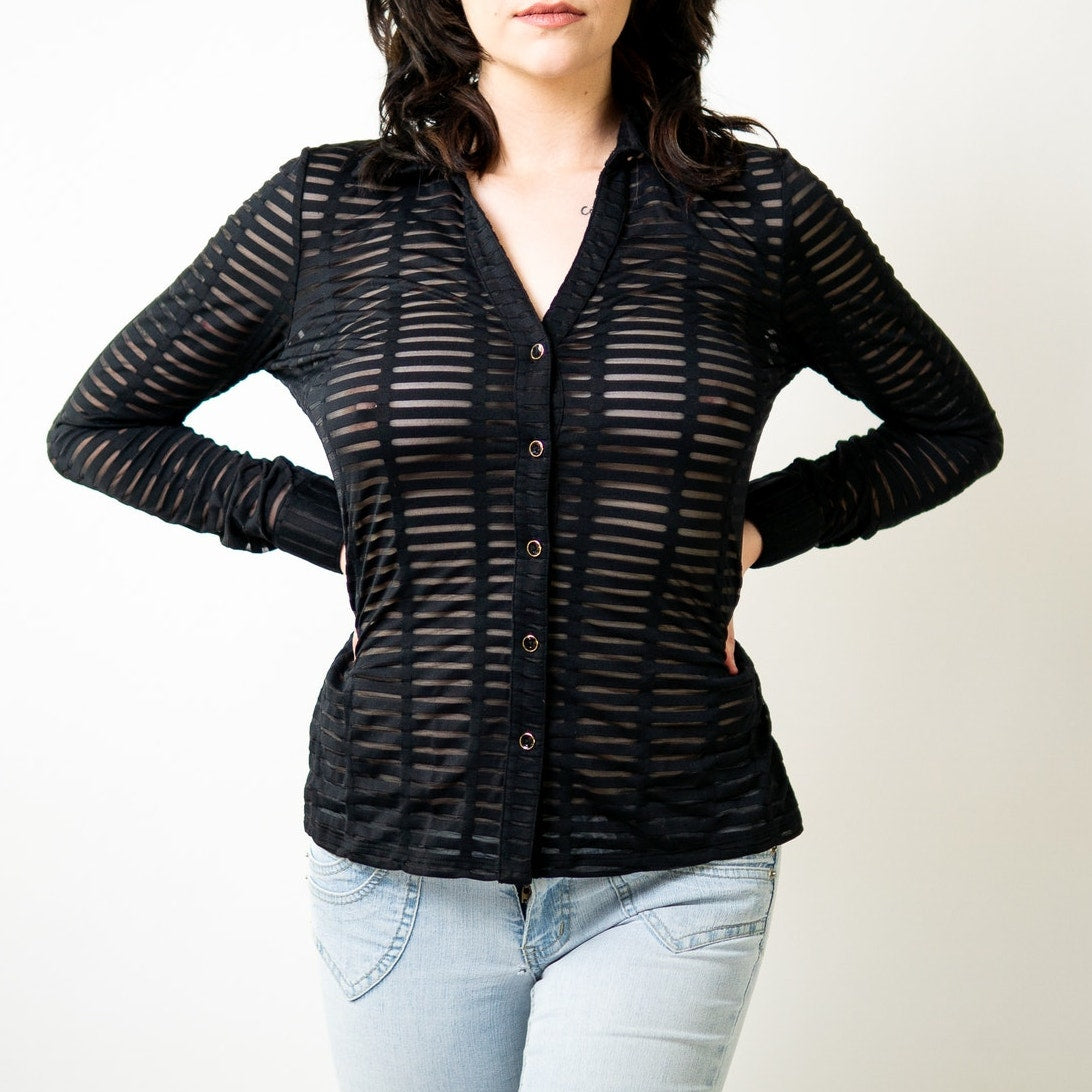Black Sheer Mesh Stripe Panel Long Sleeve Blouse by Cache