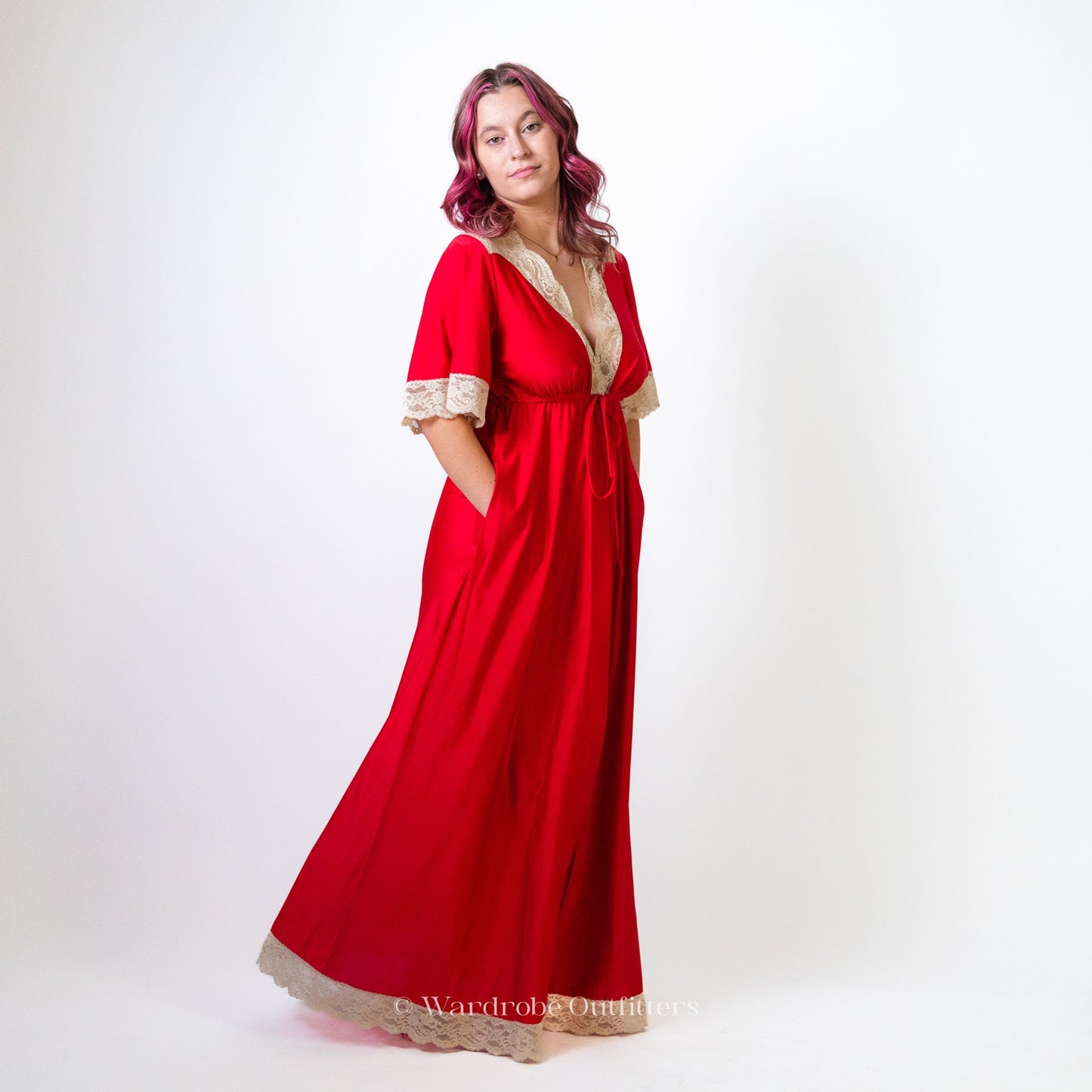 Vintage 1960's Shadow Line Red Nylon & Lace Lingerie Gown Dress
