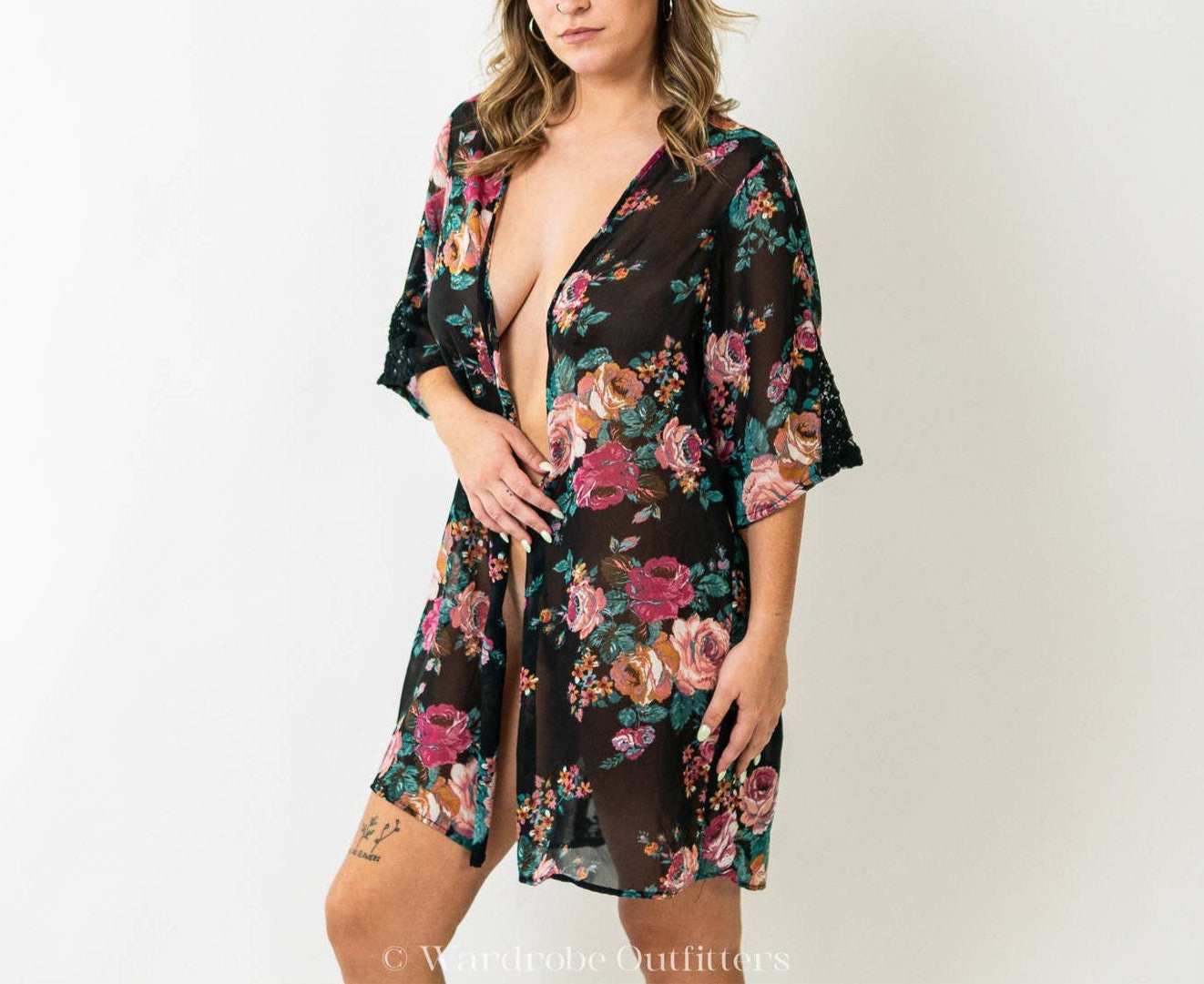 Black x Floral & Lace Robe Lingerie