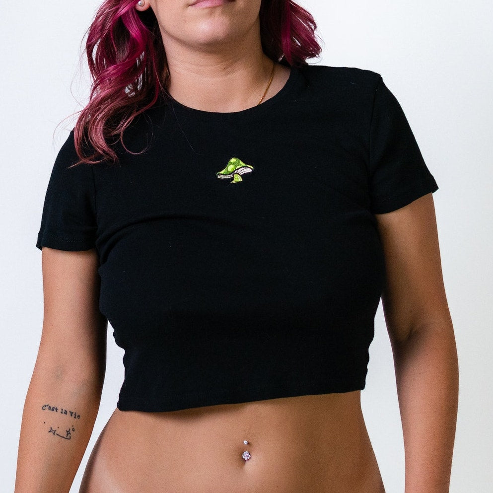 Simple Black Mushroom Cropped Tee Shirt