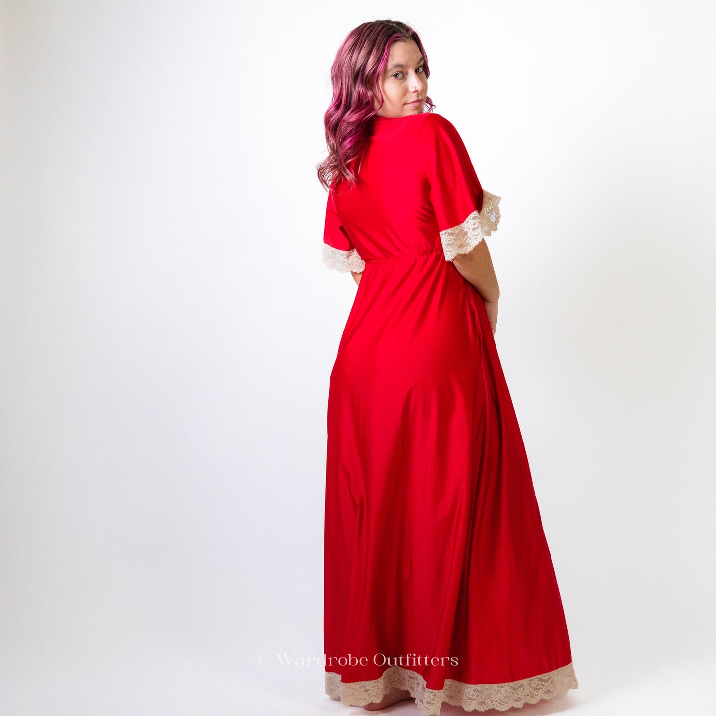 Vintage 1960's Shadow Line Red Nylon & Lace Lingerie Gown Dress
