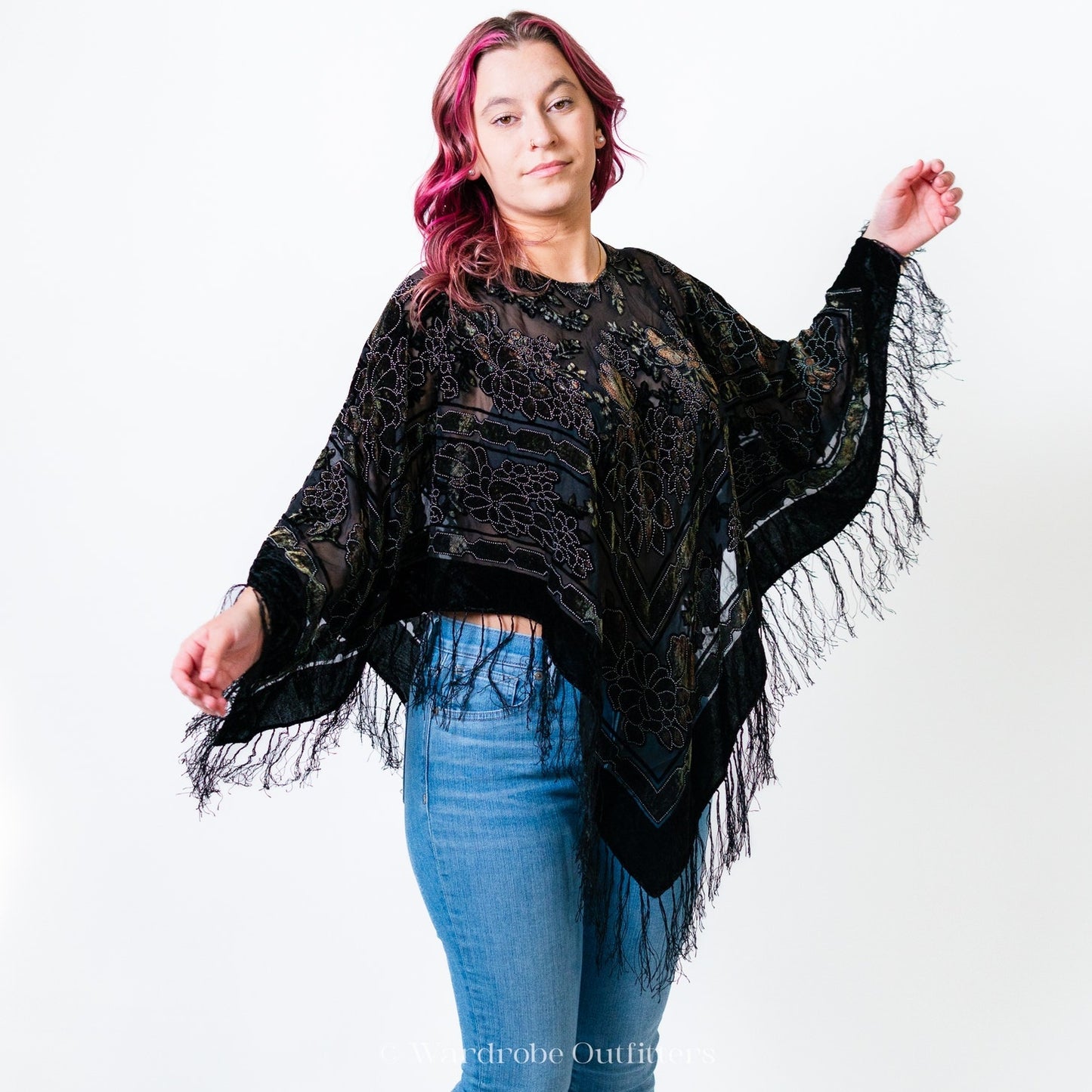 Black Flowy Witchy Sheer Paisley Poncho Shrug Pullover