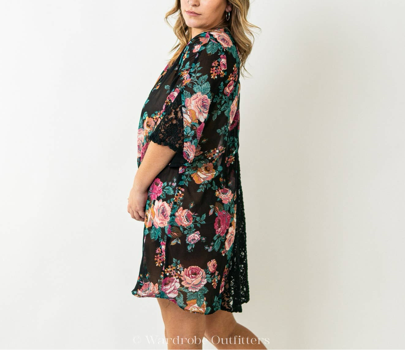 Black x Floral & Lace Robe Lingerie