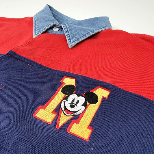 Vintage 90s Striped Colorblock Denim Collar Disney Store Mickey Mouse Long Sleeve Rugby Shirt