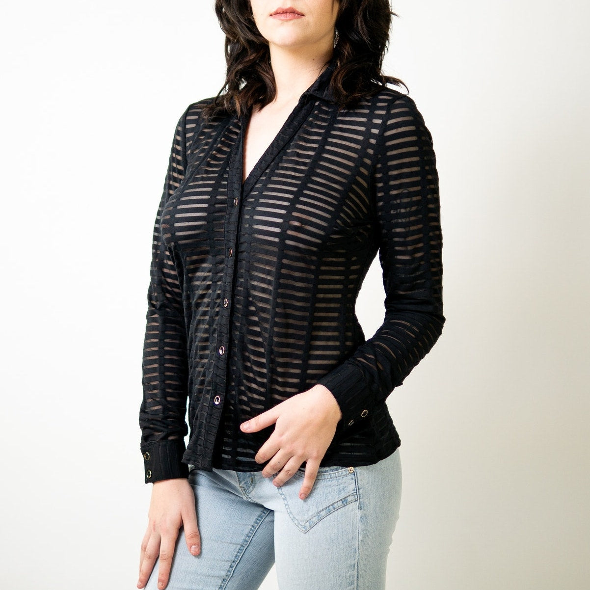 Black Sheer Mesh Stripe Panel Long Sleeve Blouse by Cache