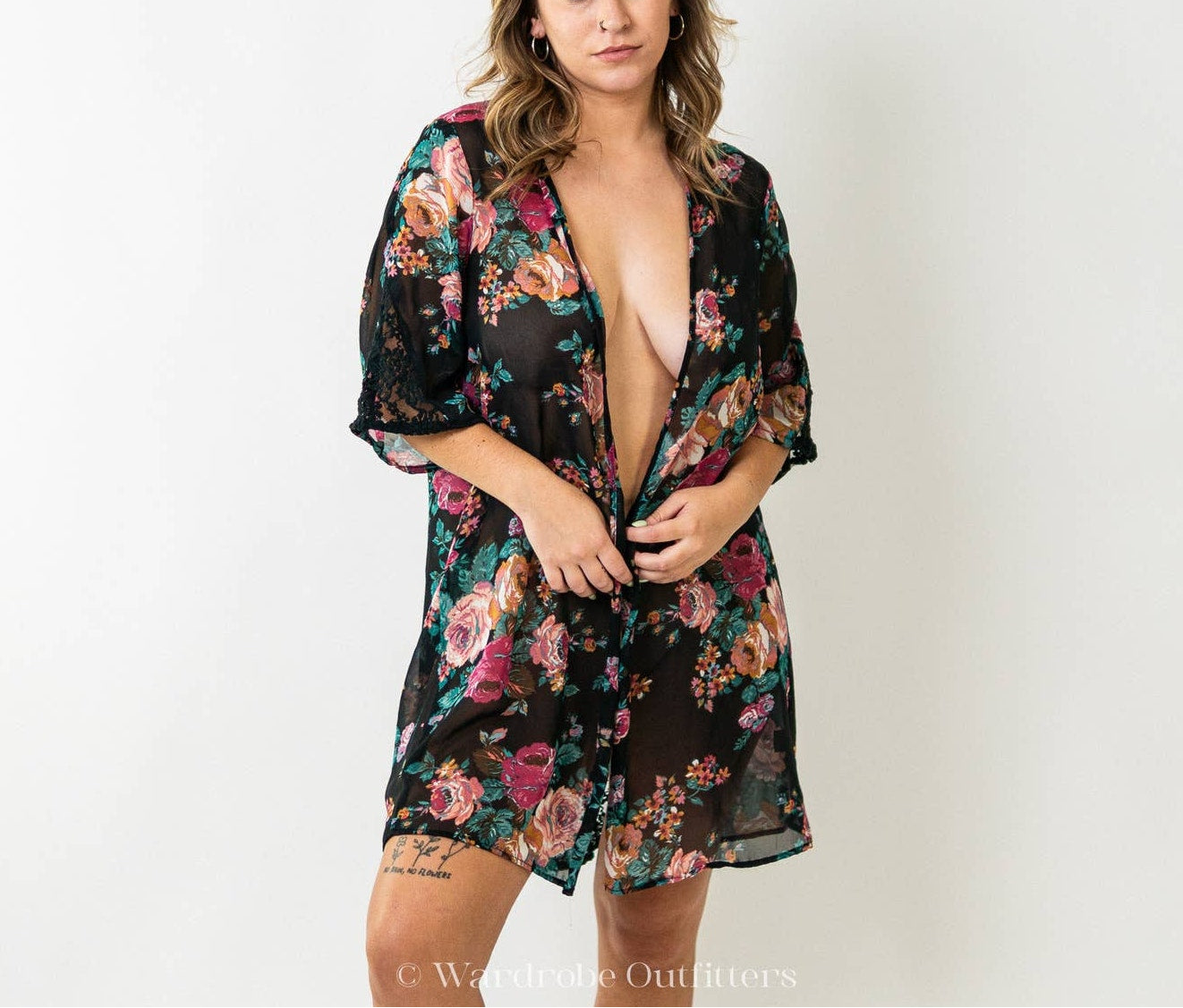 Black x Floral & Lace Robe Lingerie