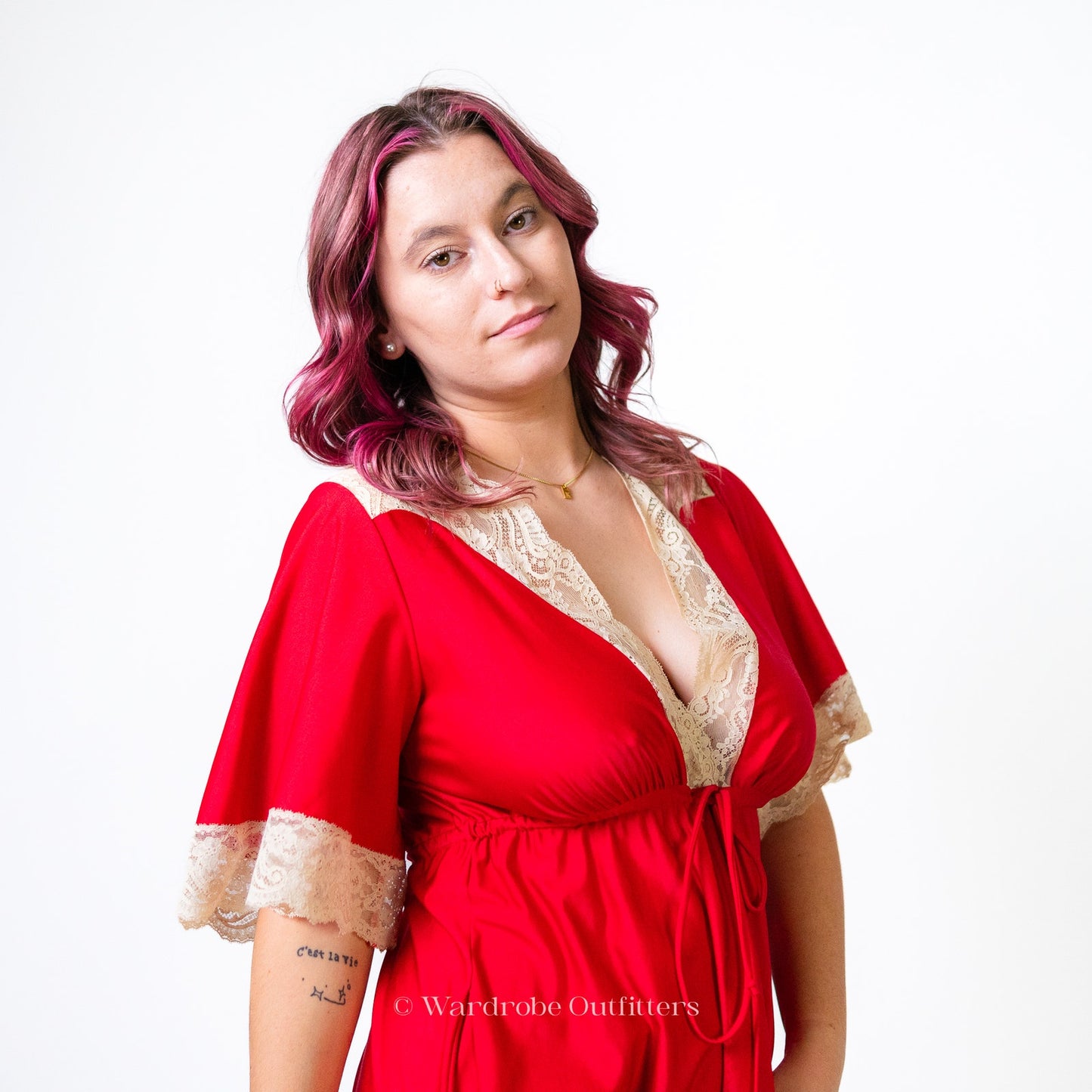 Vintage 1960's Shadow Line Red Nylon & Lace Lingerie Gown Dress