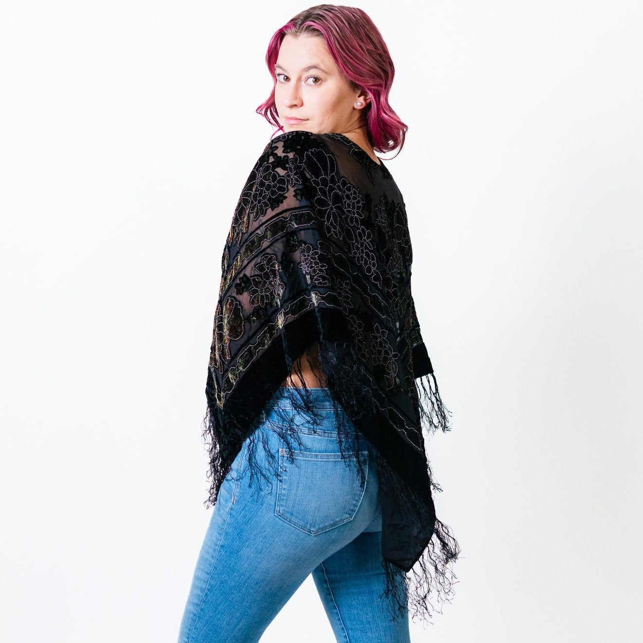 Black Flowy Witchy Sheer Paisley Poncho Shrug Pullover