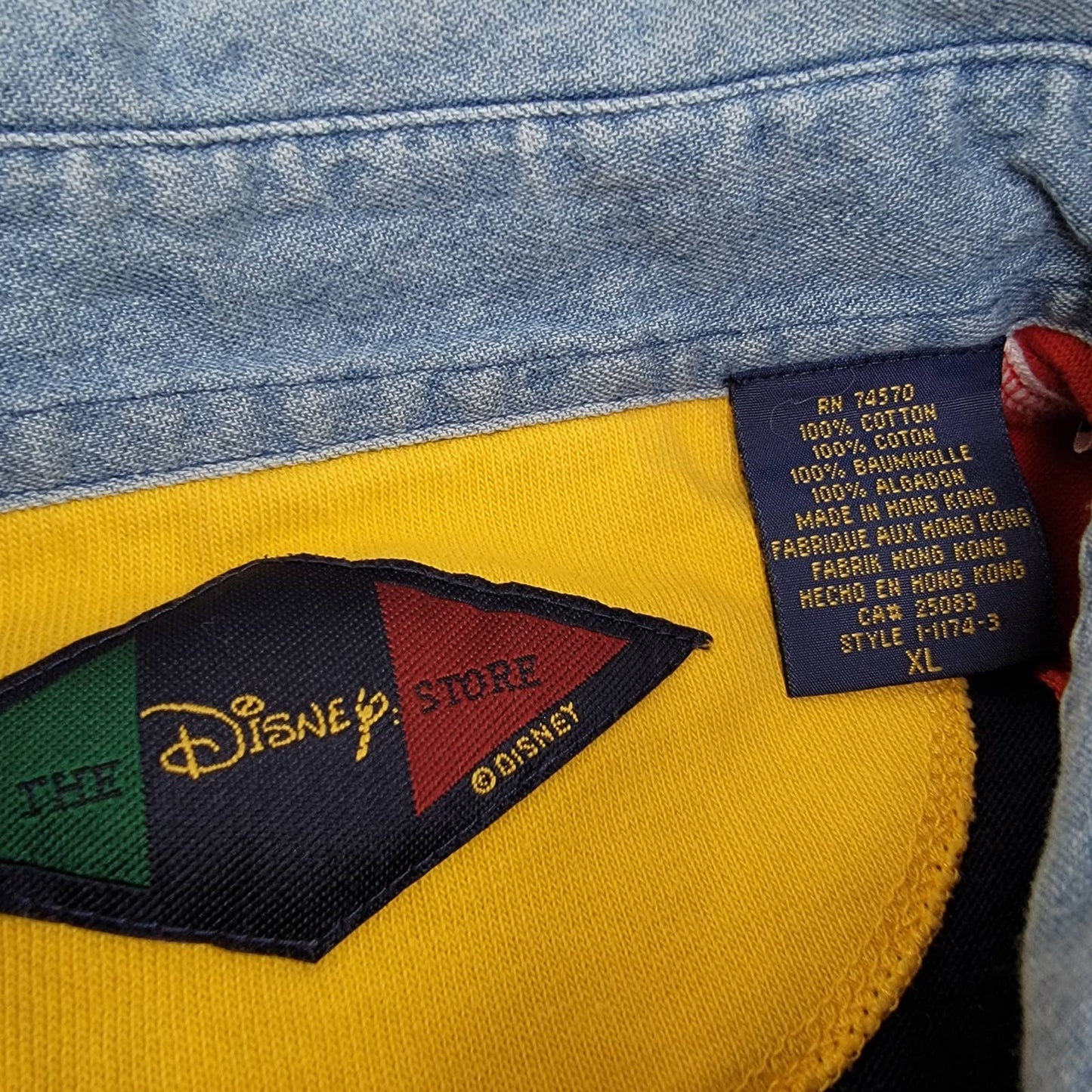 Vintage 90s Striped Colorblock Denim Collar Disney Store Mickey Mouse Long Sleeve Rugby Shirt