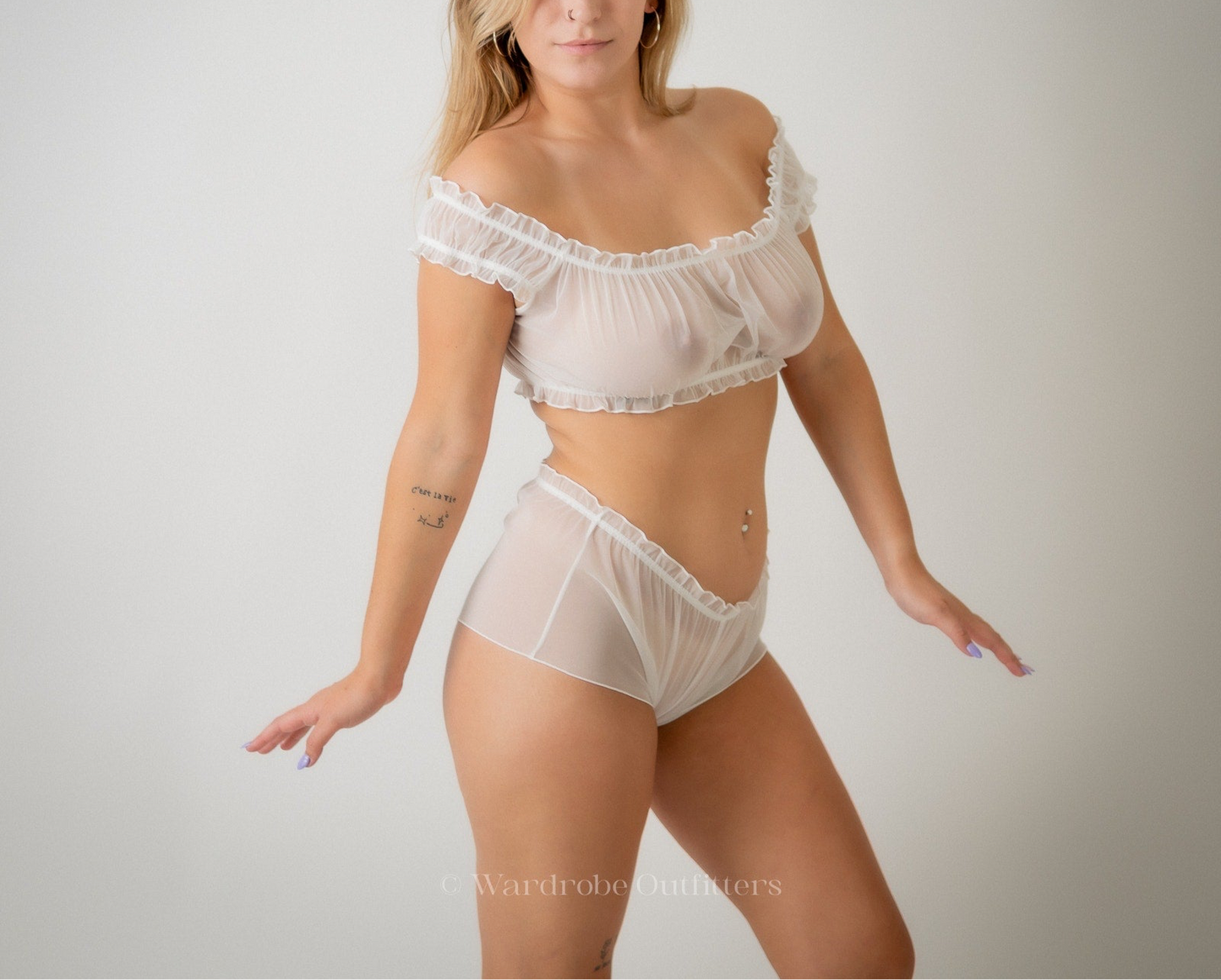 Cottage Peasant Off Shoulder Frill Trim Ruched Sheer Mesh Lingerie Set