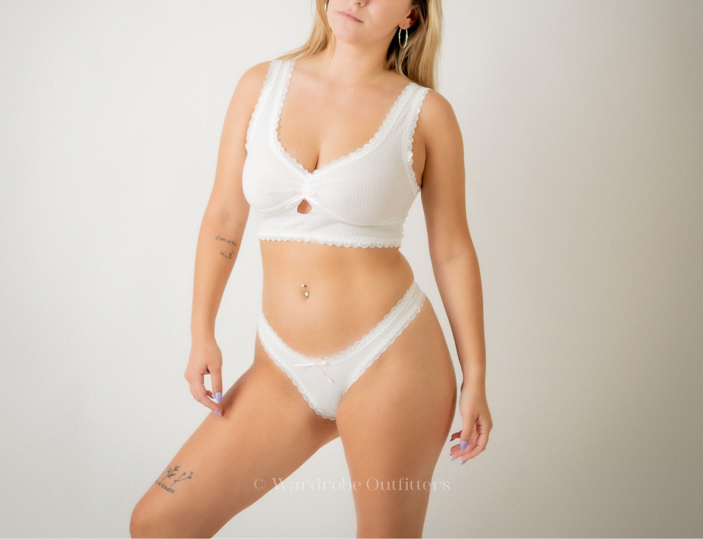 NEW White Lace Trim Cut Out Bow Front Thong Lingerie Set