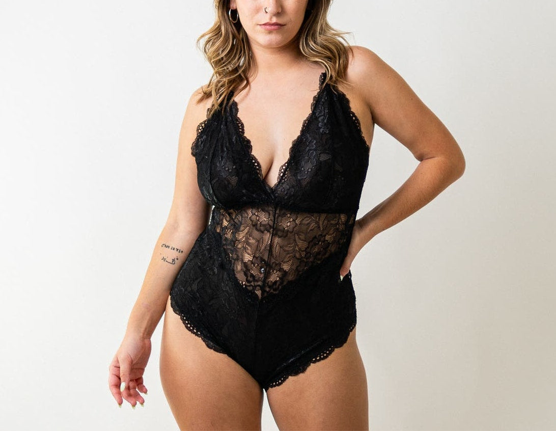 Black Lace Front Scallop Lace Trim Teddy Cheeky Bodysuit Lingerie