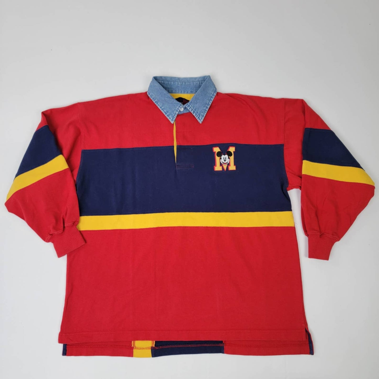 Vintage 90s Striped Colorblock Denim Collar Disney Store Mickey Mouse Long Sleeve Rugby Shirt