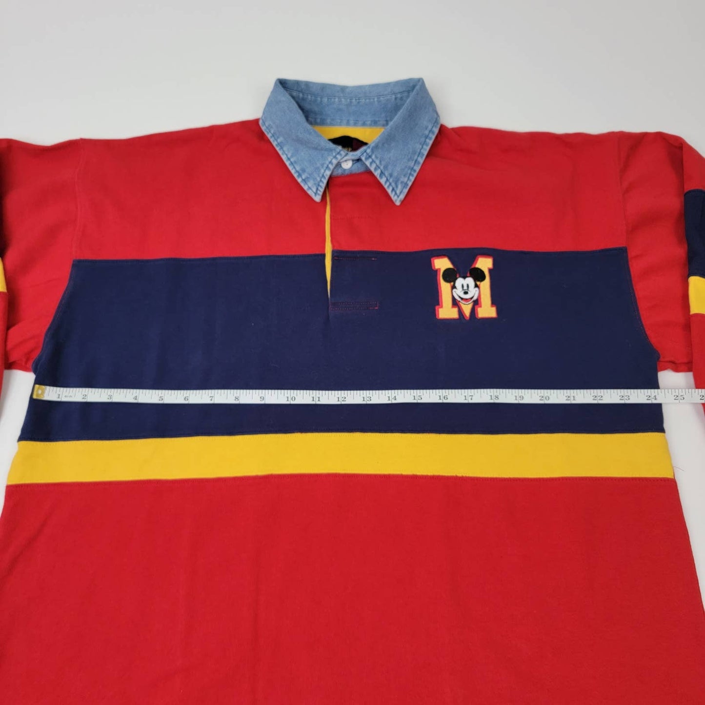 Vintage 90s Striped Colorblock Denim Collar Disney Store Mickey Mouse Long Sleeve Rugby Shirt
