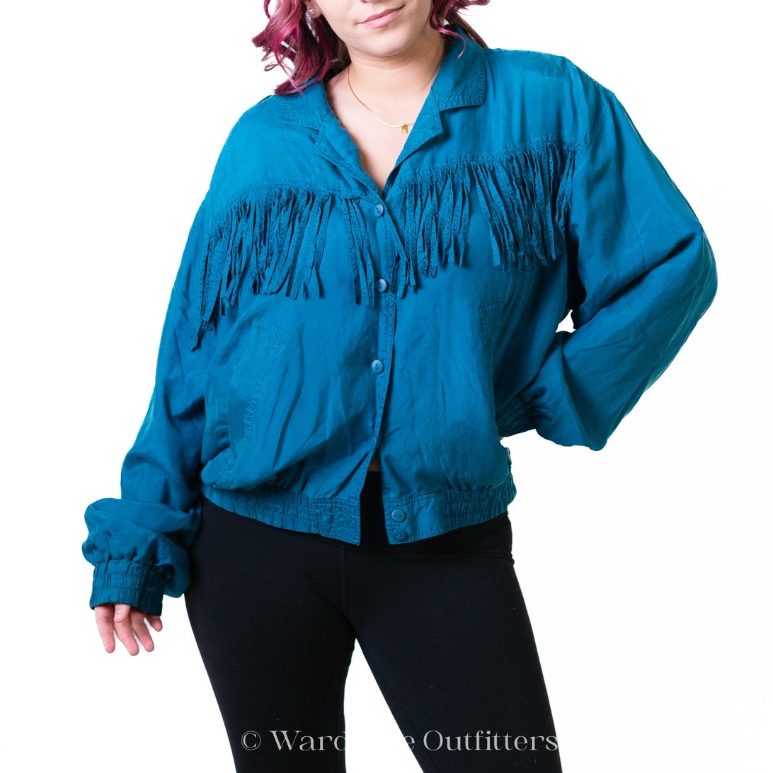 Vintage 80s Western Fringe Tassel Bright Blue Jacket