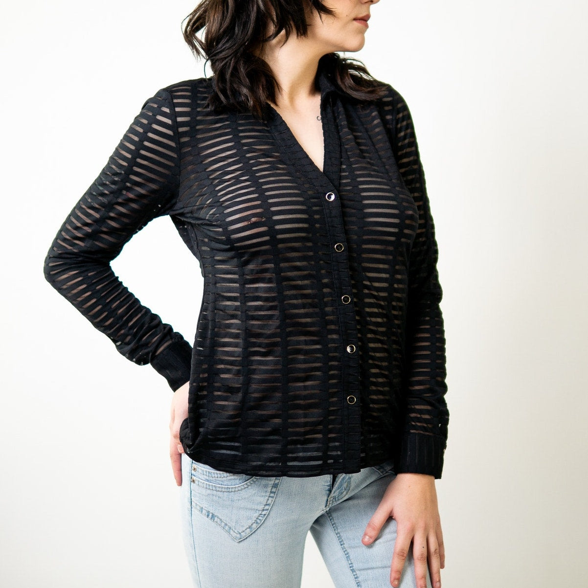 Black Sheer Mesh Stripe Panel Long Sleeve Blouse by Cache