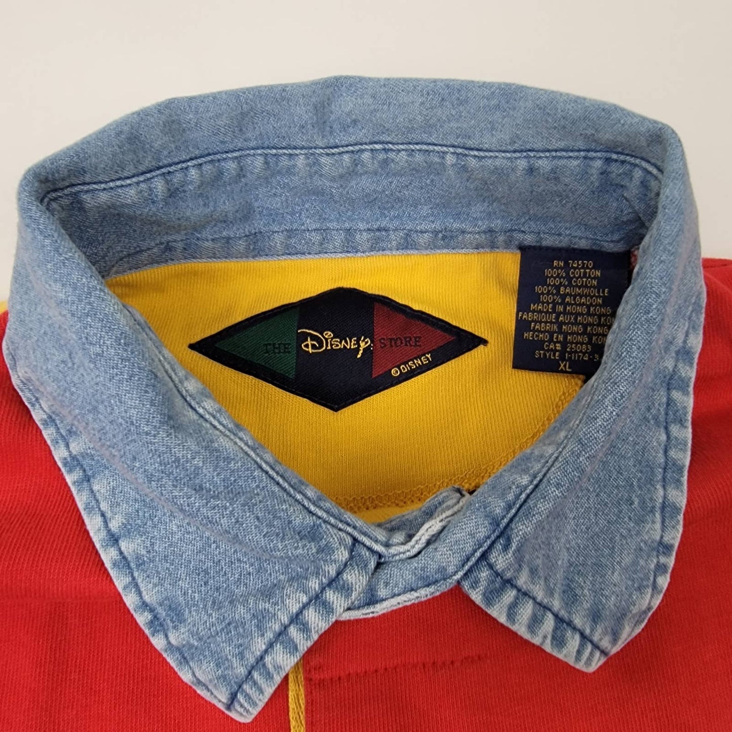 Vintage 90s Striped Colorblock Denim Collar Disney Store Mickey Mouse Long Sleeve Rugby Shirt