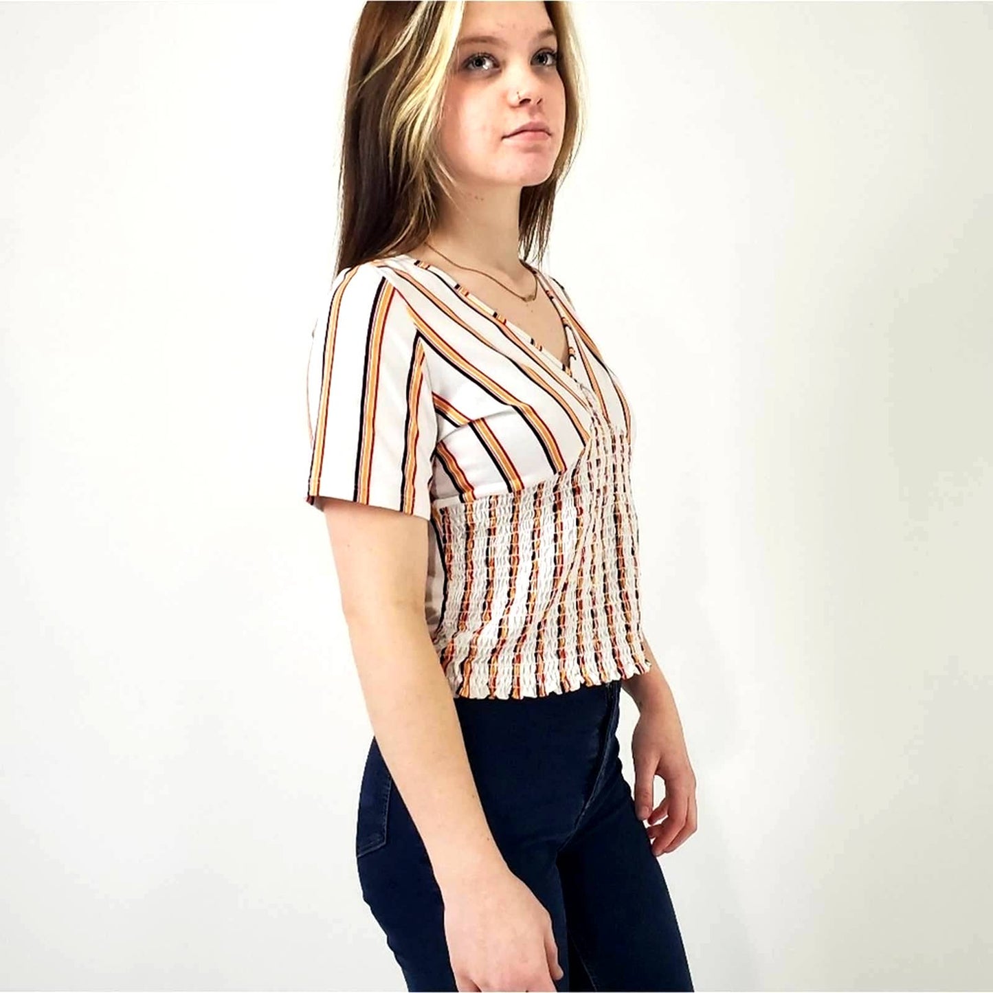 marci Rainbow Striped Cinched Stretchy Tee Top Blouse - M