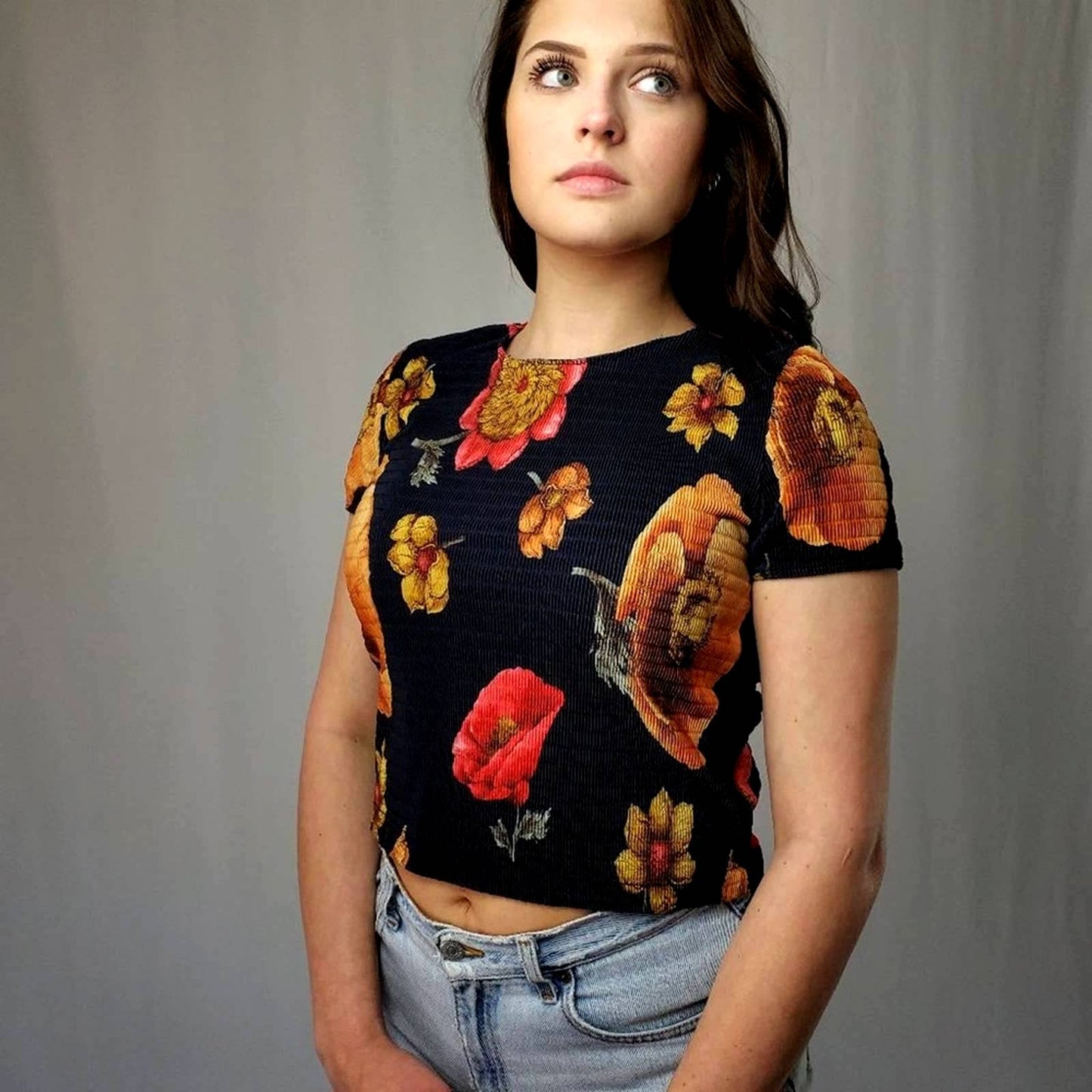 Vintage 90's Smocked Ribbed Floral Crop Top - L