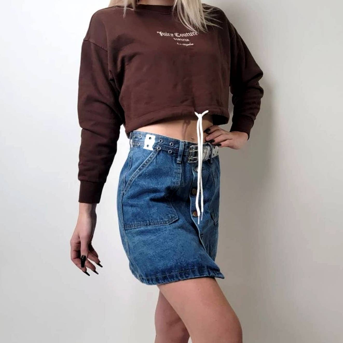 Button Front Deep Patch Pocket Denim Jean Mini Skirt - S