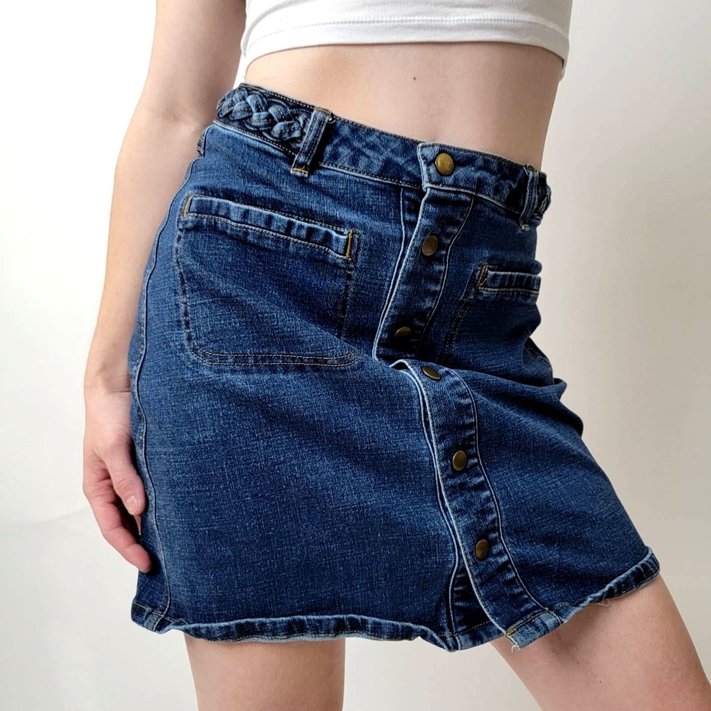 Harper Braided Button Up Denim Jean Midi Skirt - M