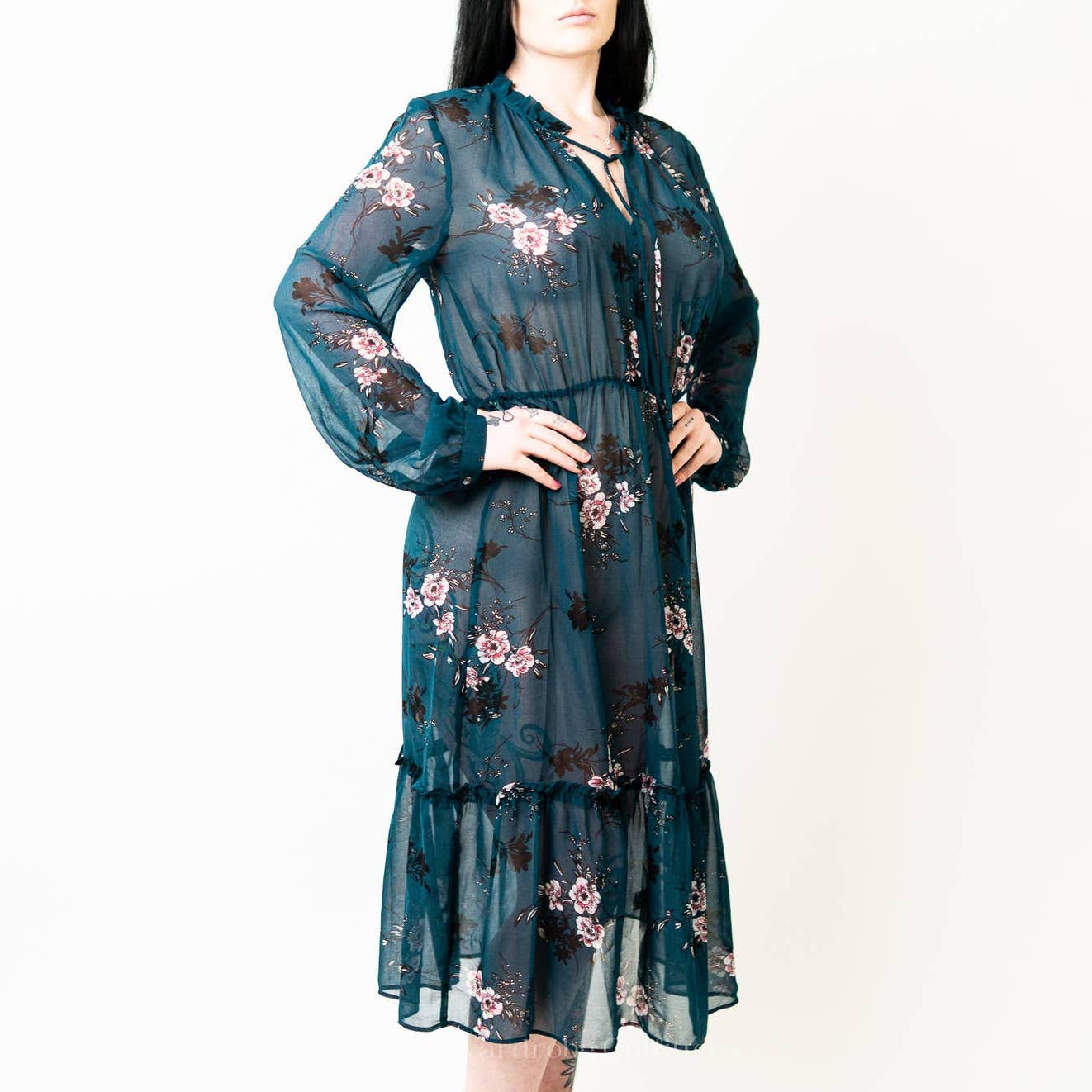 Lulus Newell Teal Green Sheer Floral Print Midi Dress - L