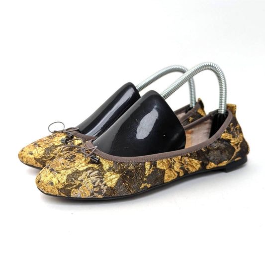 Jessica Simpson Nolan Bow Shimmery Gold Floral Ballet Flats - 7.5