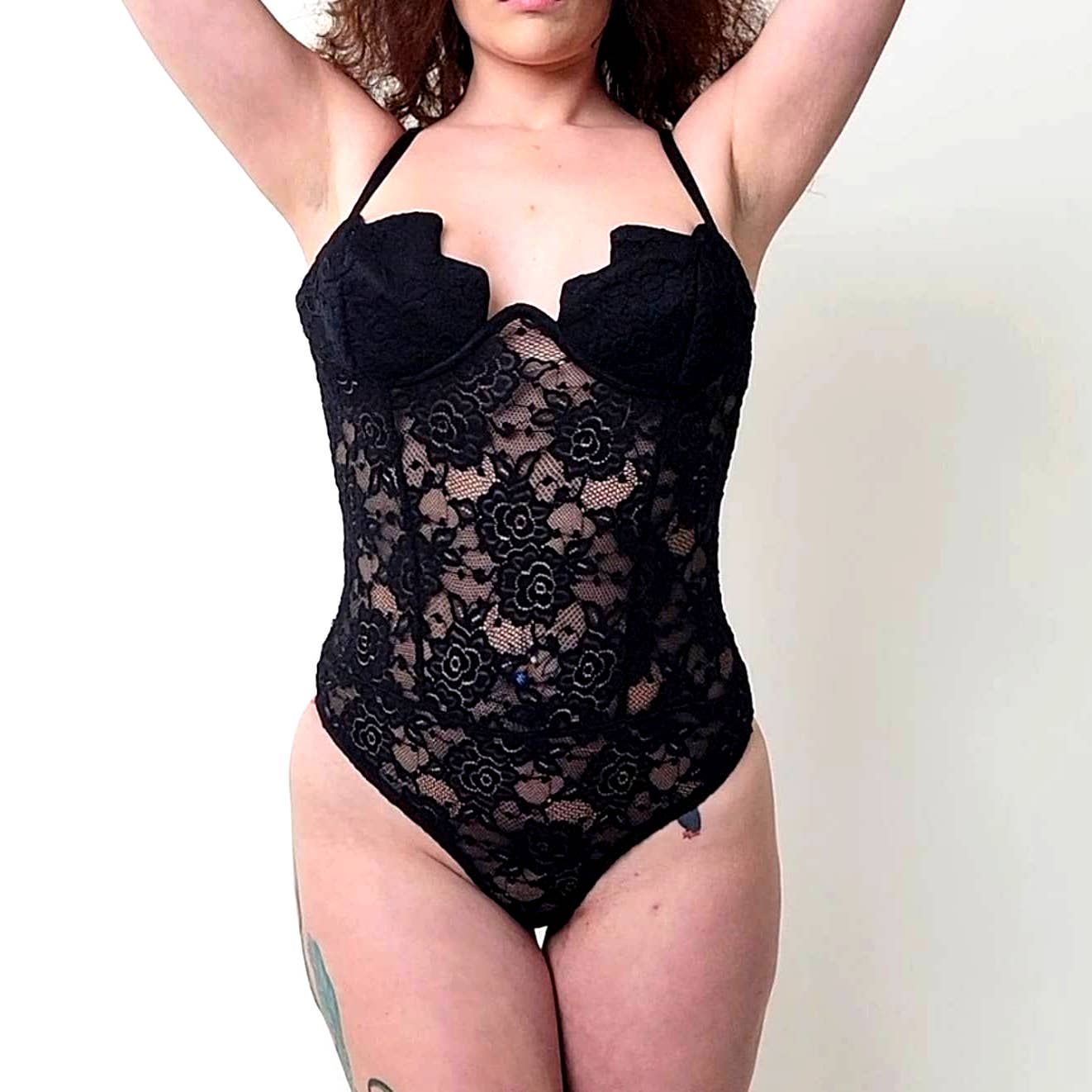 Lulu's Black Lace Sheer Floral Lingerie Bodysuit - M