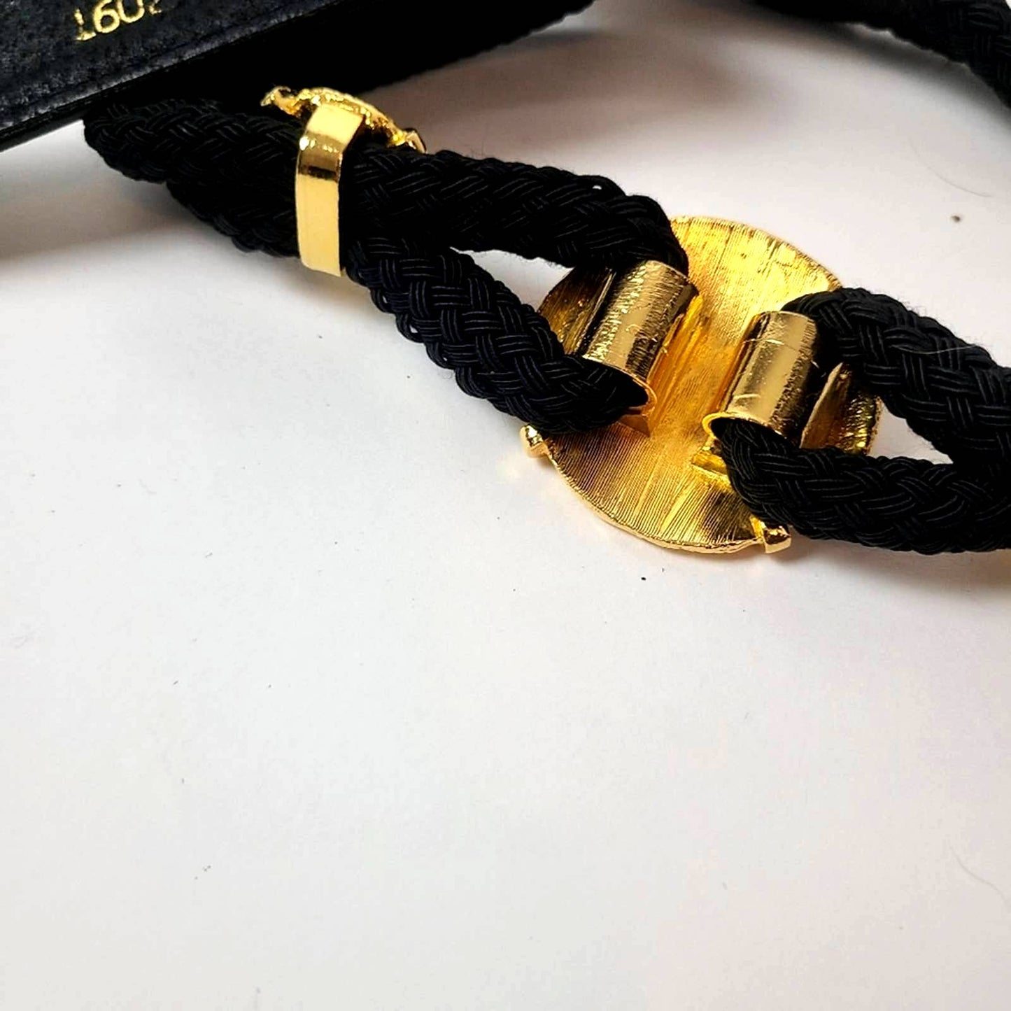 Vintage 70s Carlisle Black Braided Belt with Gold Medallion - S
