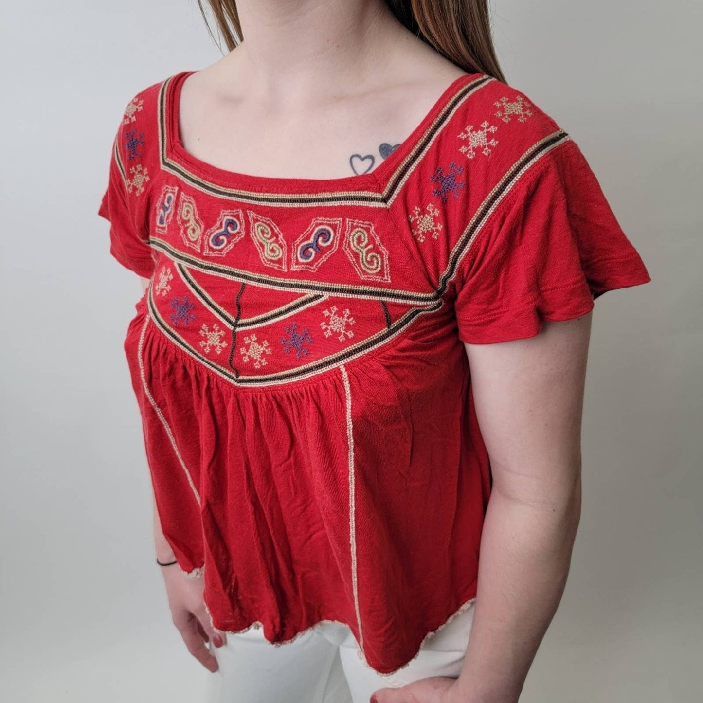 Free People Muse Short Sleeve Flowy Boho Crop Top Tunic Blouse