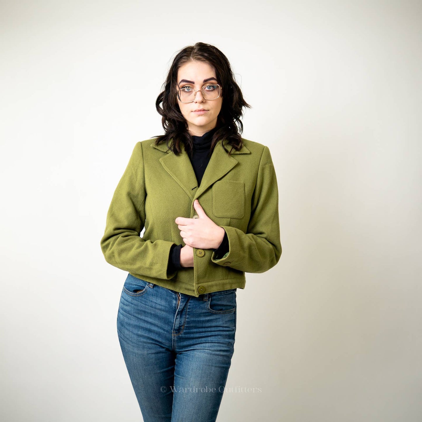 Vintage Olivr Green Cropped Wool Blazer Jacket - 8