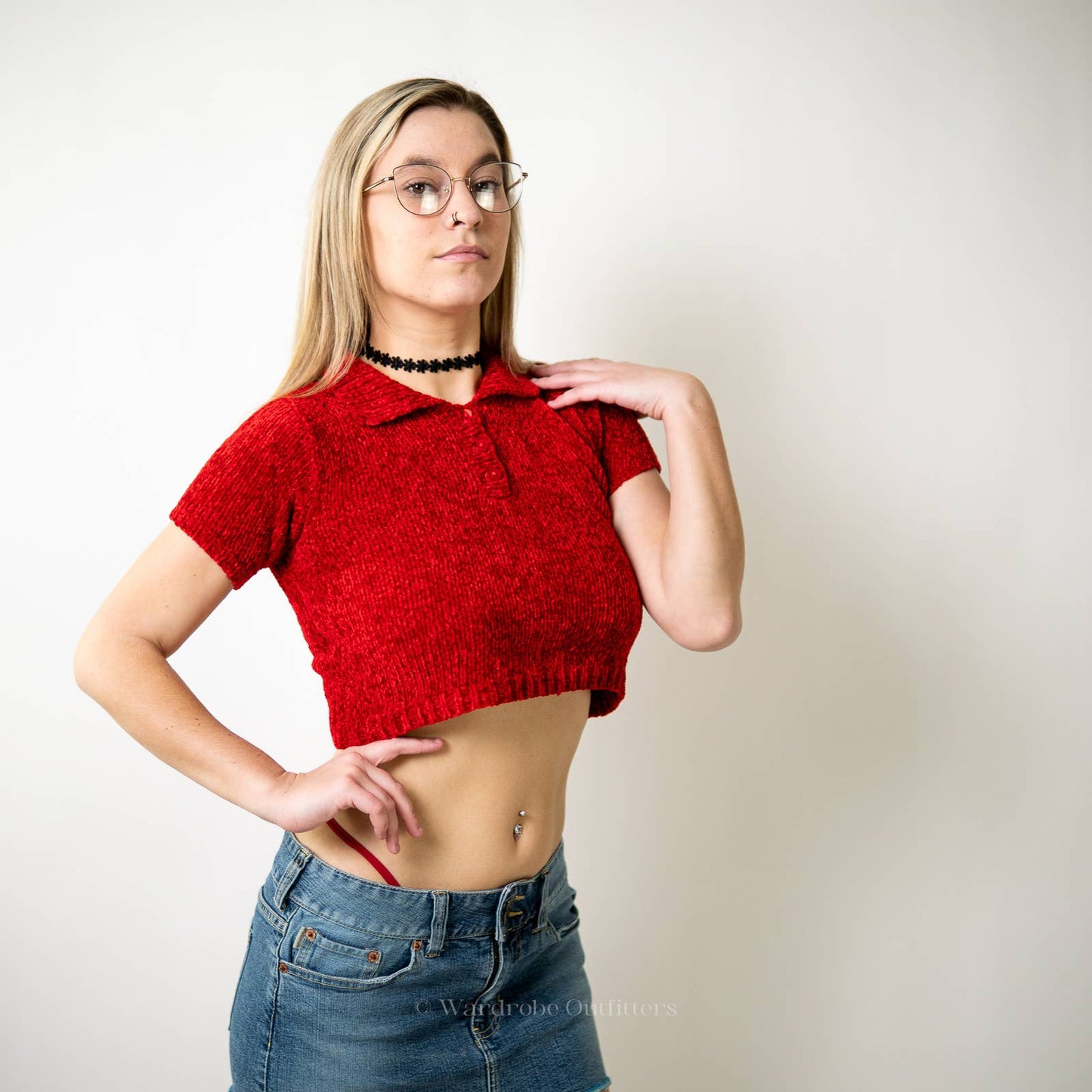 Vintage y2k Plush Ribbed Crop Top Polo Baby Tee - S/M