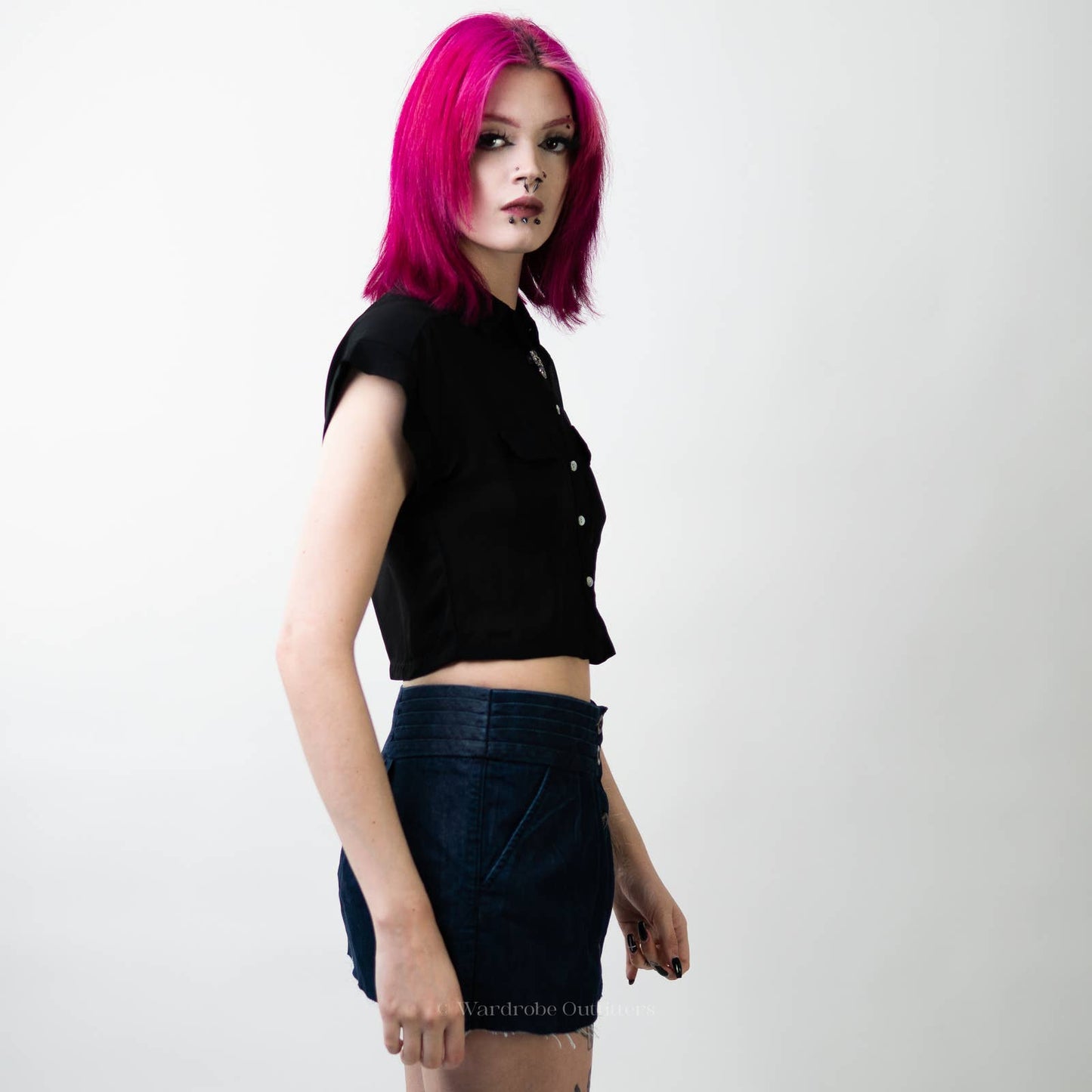 Black Cropped Sheer Short Sleeve Button Down - S