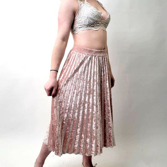 Pink Round Pleated Velvet Velour Skirt - M