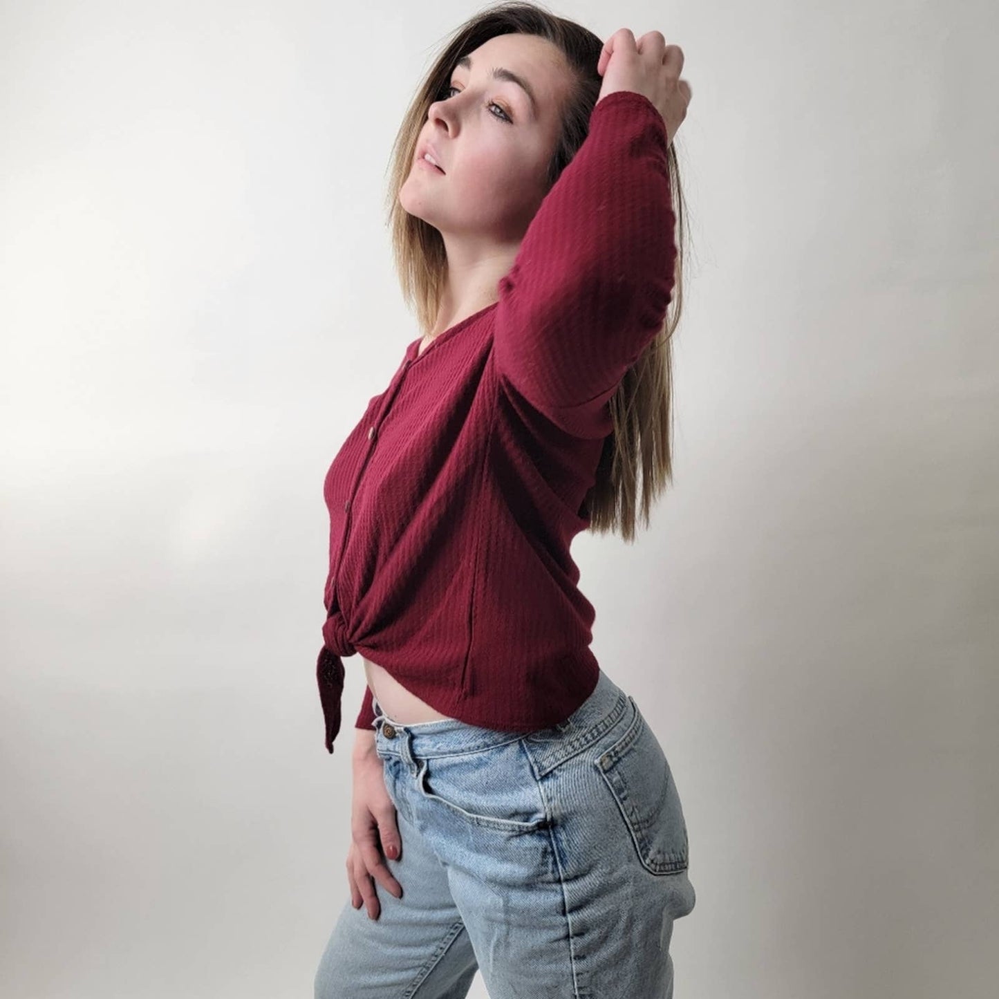 Maroon Burgundy Waffle Knit Crop Top Long Sleeve - XS