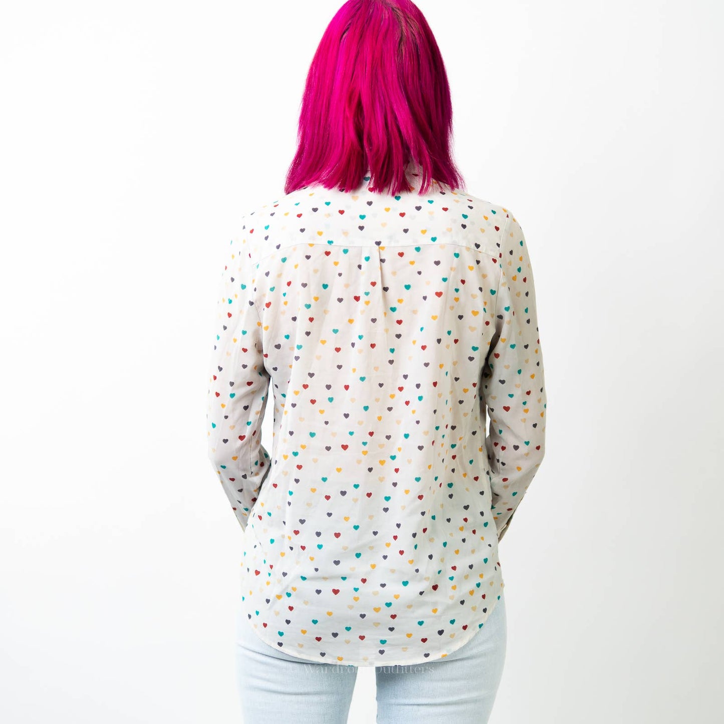 I love h81 x F21 White Sheer Button Down Polkadot Heart Shirt - S