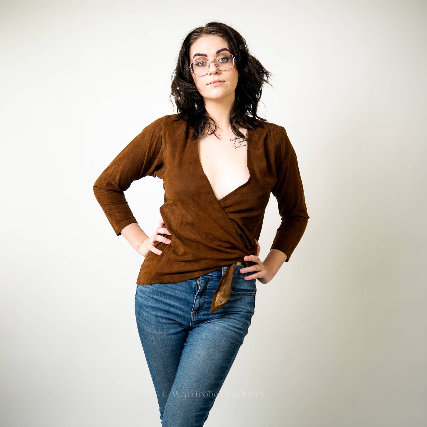 Vintage Leather Long Sleeve Wrapped Halter Blouse Top