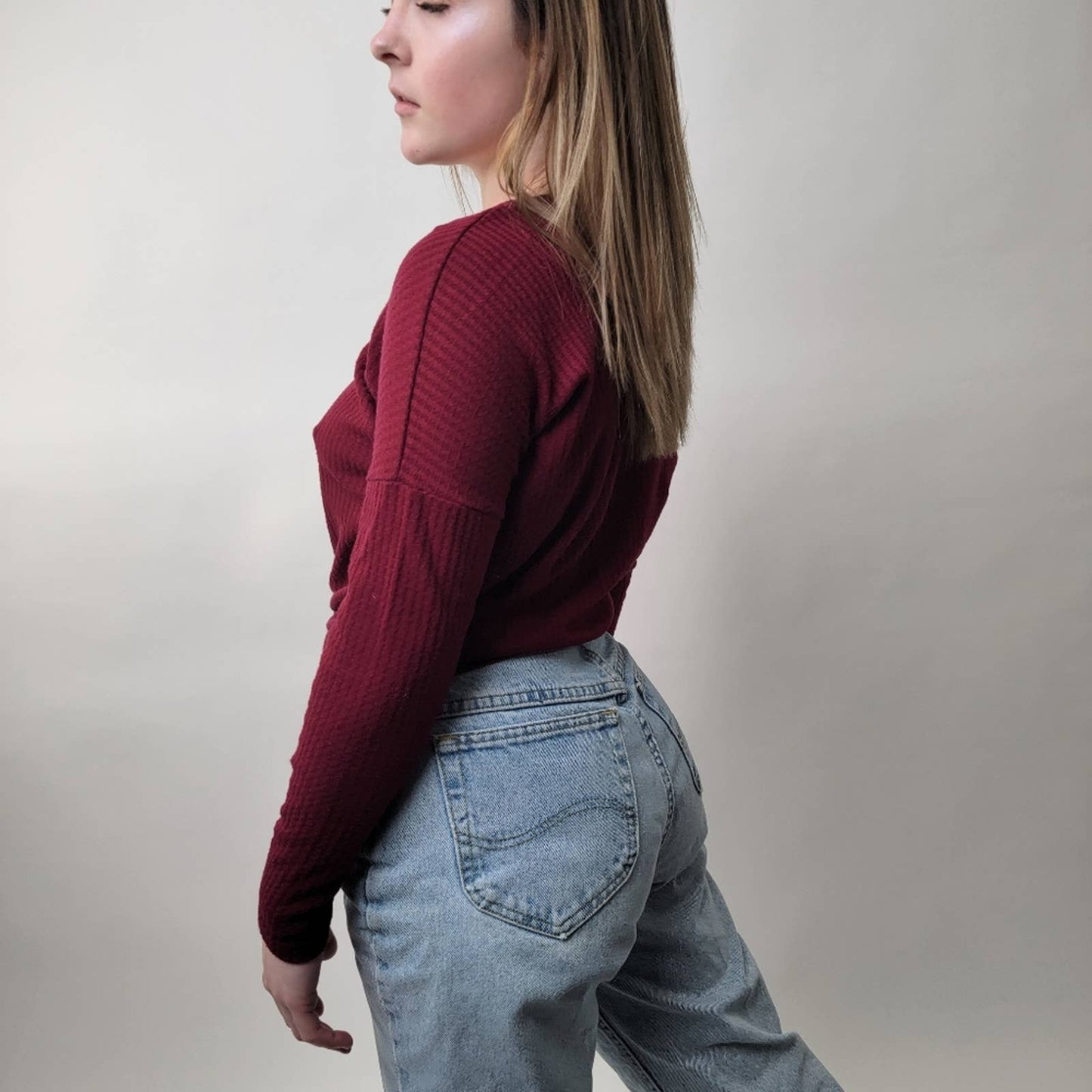 Maroon Burgundy Waffle Knit Crop Top Long Sleeve - XS