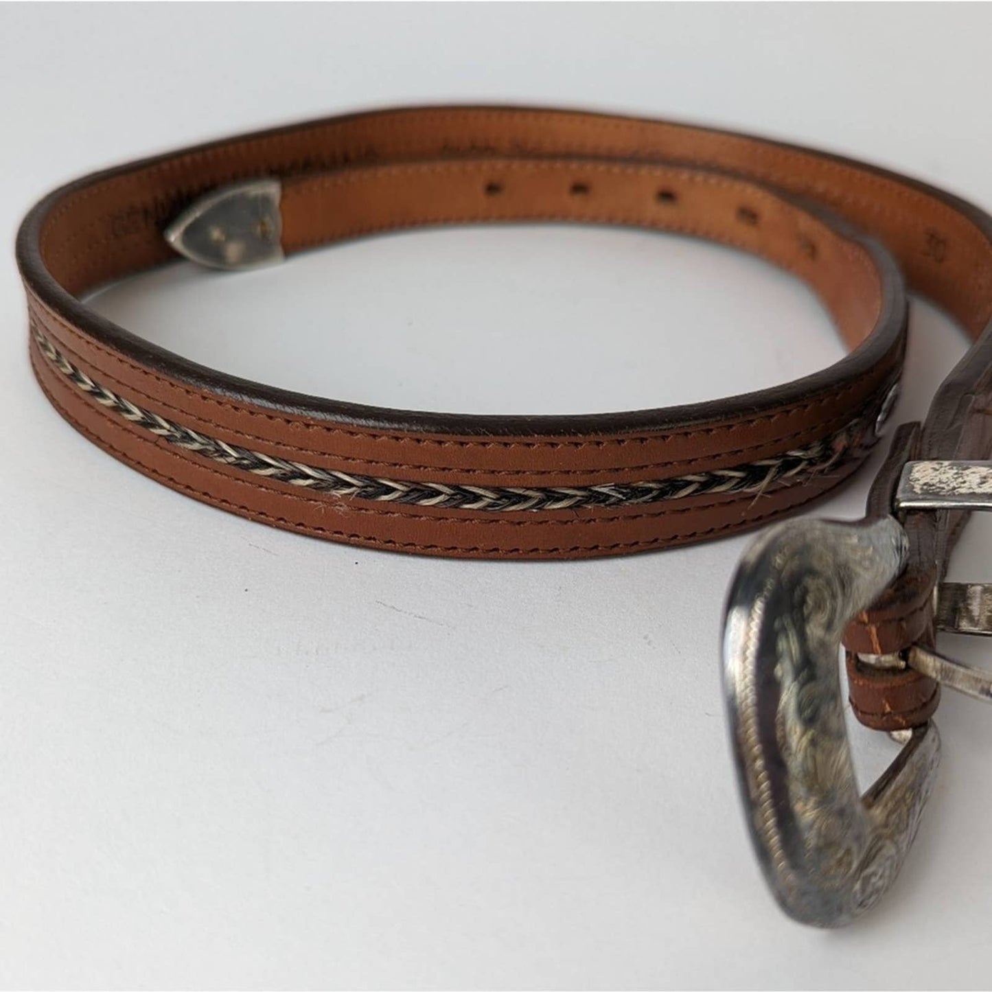 Vintage 80s Leather and Horsehair Western Belt - M