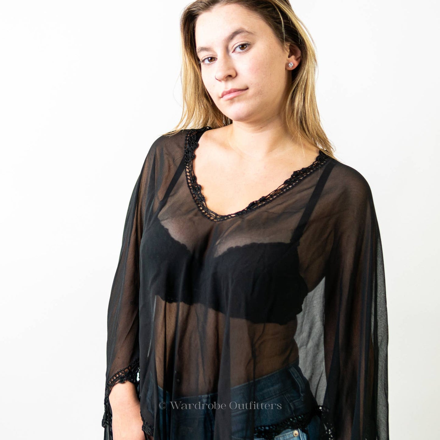 Black Sheer Mesh Flowy Fringe Tassel Poncho Coverup Shaw