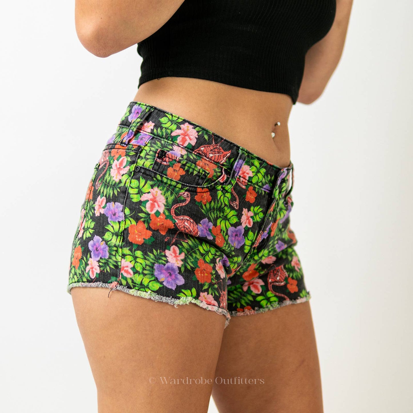 Y2K HOT TOPIC Lovesick Skeleton Flamingo Floral Denim Cutoff Shorts