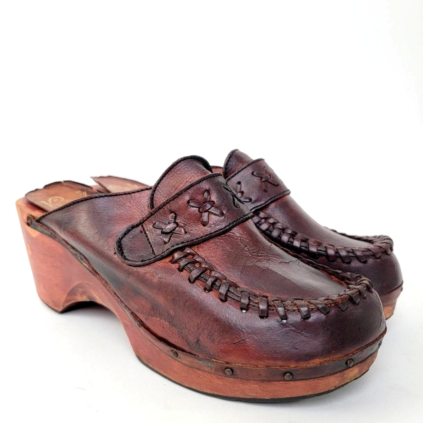 Vintage 70s Wooden Platform Clog Sandals - 6