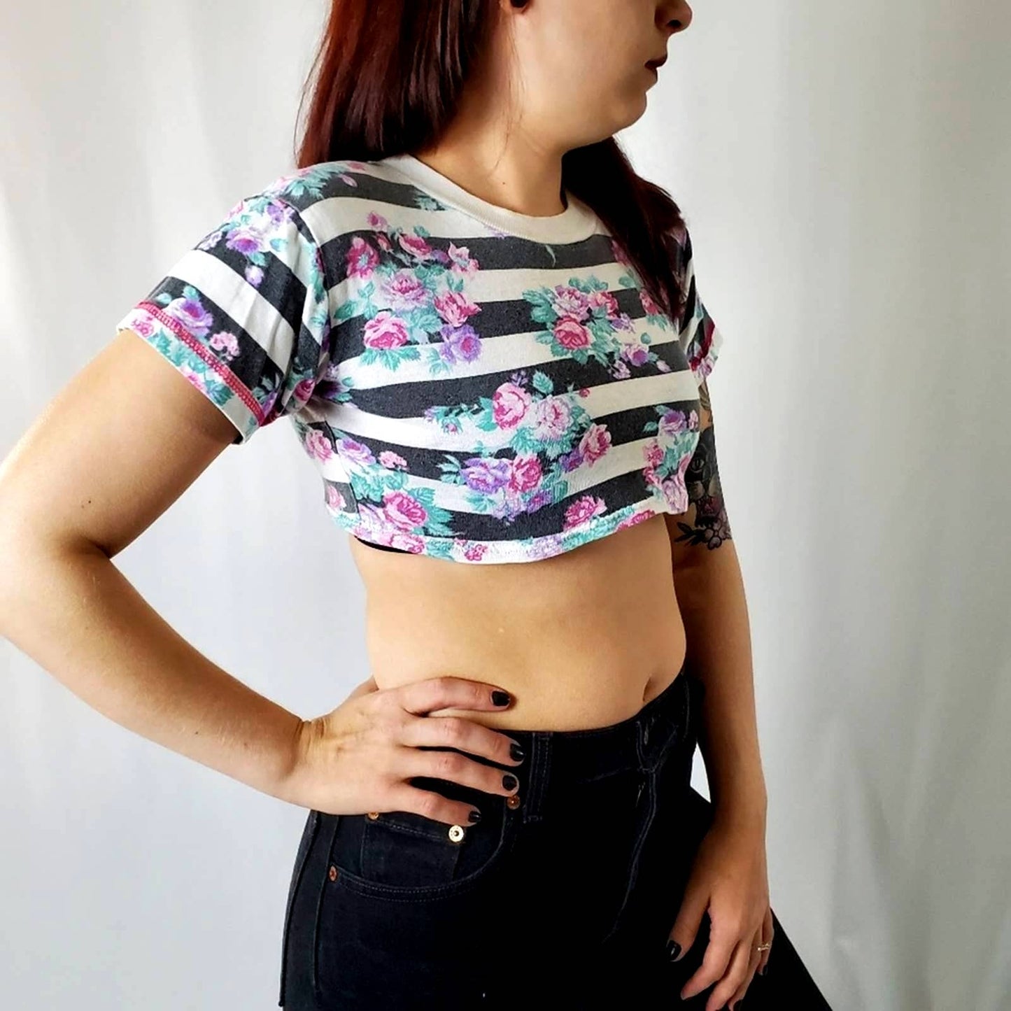 Custom Rare Vtg 80's Baby Mini Cropped Striped Floral Tee