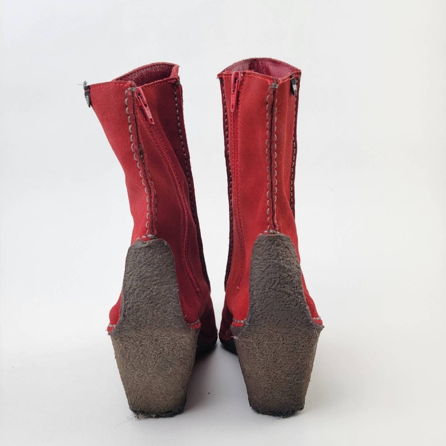 BRONX Red Suede Leather Slip On Snipped Toe Chelsea Wedge Boots - 9