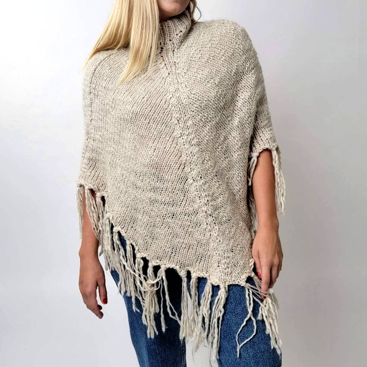 Cejon Cream Colored Western Fringe Tassel Poncho Shaw