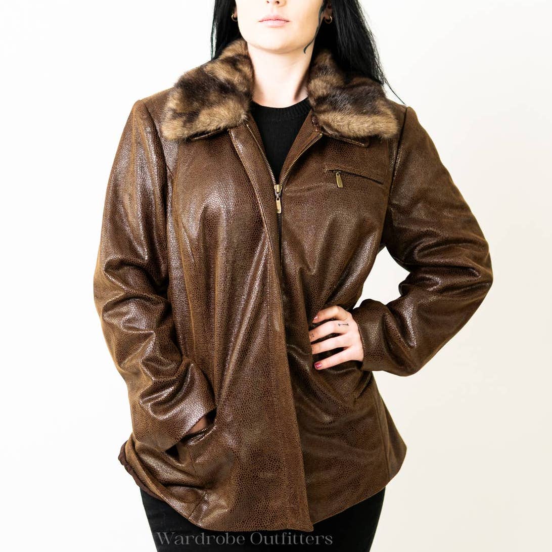 Peter Nygard Brown Faux Alligator Print Fur Collared Jacket - L