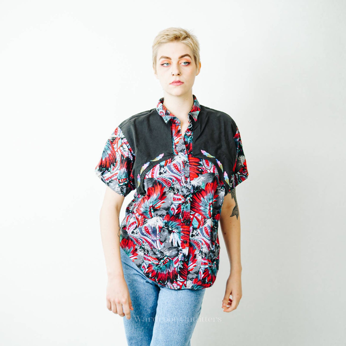 Vintage 90s Western Tribal Flyback Button Down Shirt - M