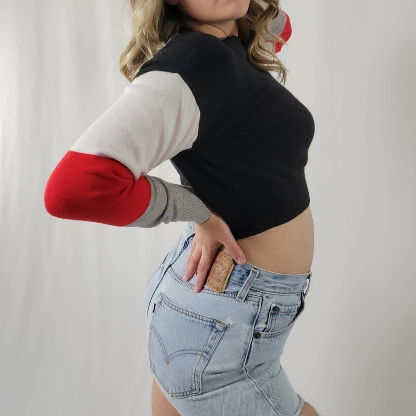 Striped Colorblock Crop Pullover Sweatshirt - S