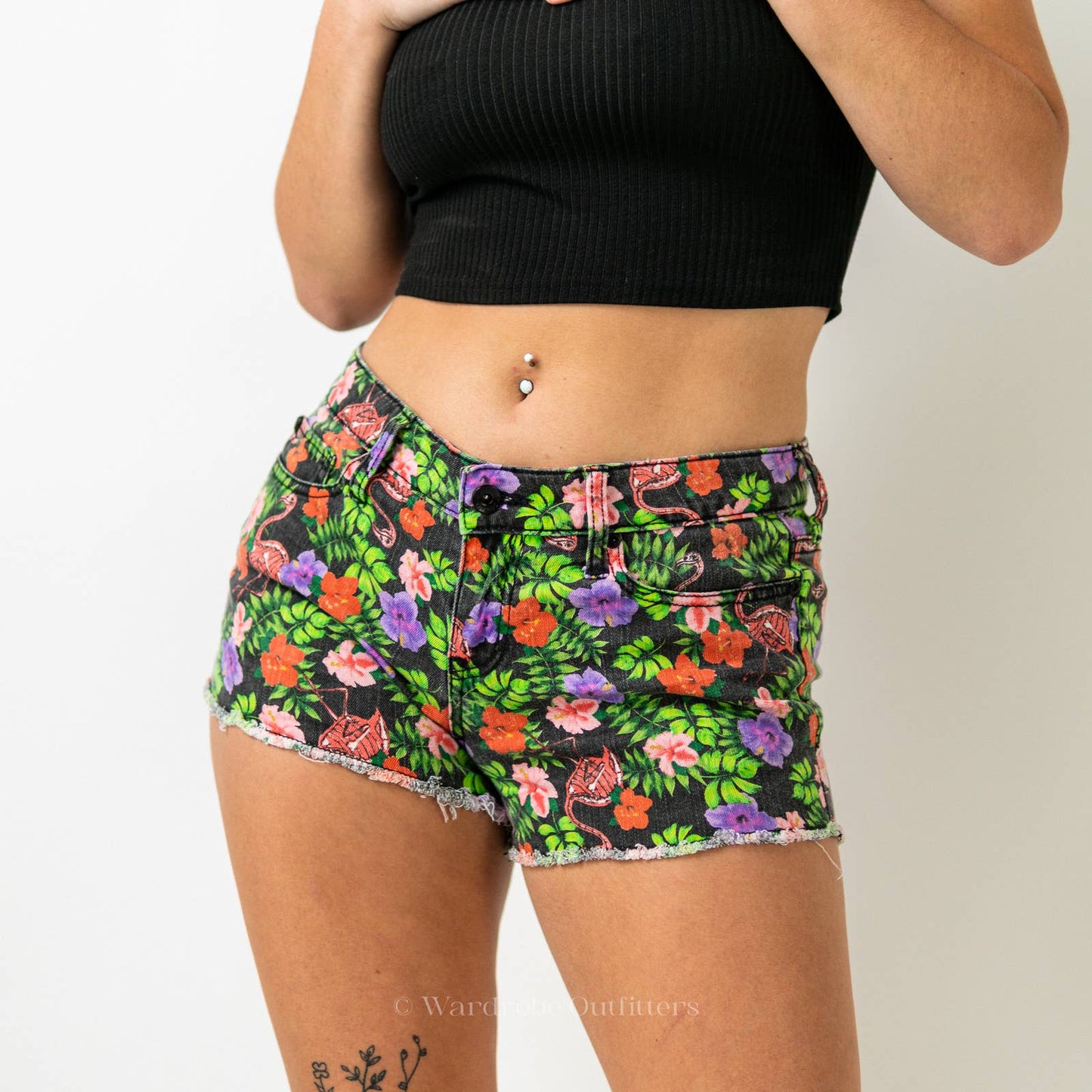 Y2K HOT TOPIC Lovesick Skeleton Flamingo Floral Denim Cutoff Shorts